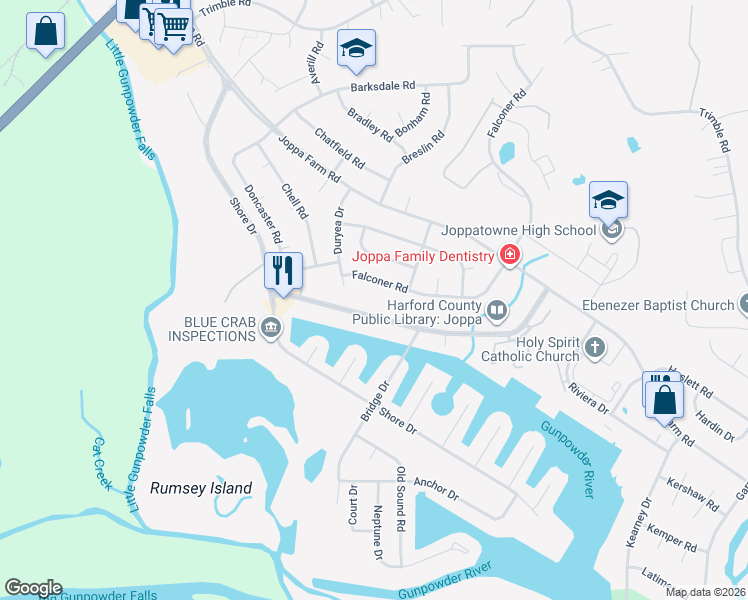 map of restaurants, bars, coffee shops, grocery stores, and more near 808 Falconer Road in Harford County