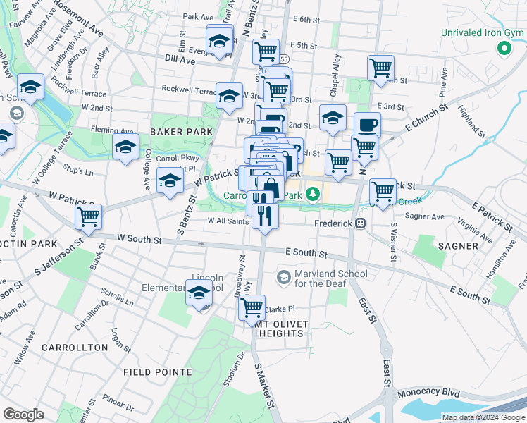 map of restaurants, bars, coffee shops, grocery stores, and more near 69 South Market Street in Frederick