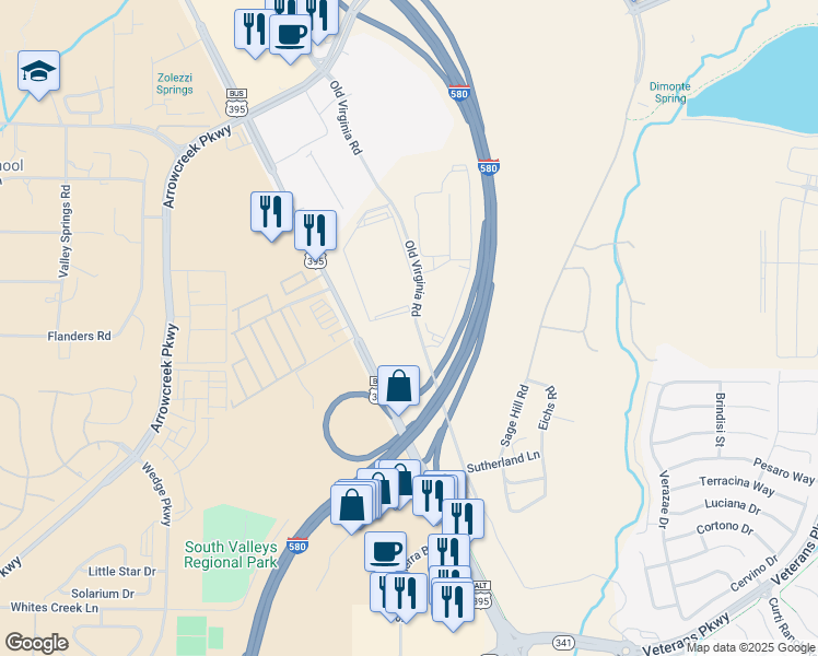map of restaurants, bars, coffee shops, grocery stores, and more near 12945 Old Virginia Road in Reno