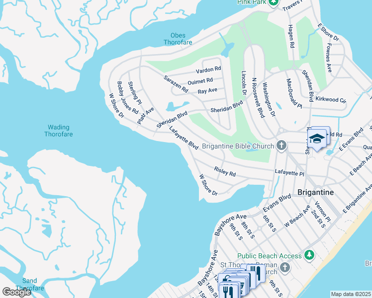 map of restaurants, bars, coffee shops, grocery stores, and more near 528 West Shore Drive in Brigantine