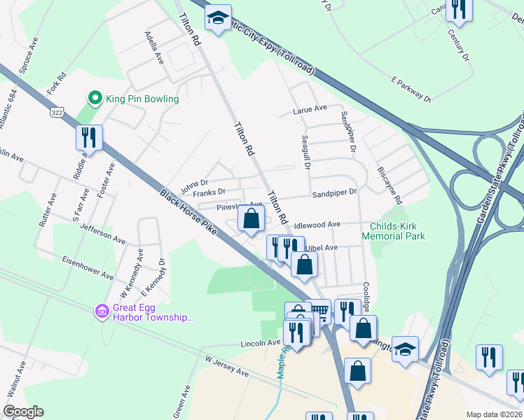 map of restaurants, bars, coffee shops, grocery stores, and more near 35 Pineview Avenue in Egg Harbor Township