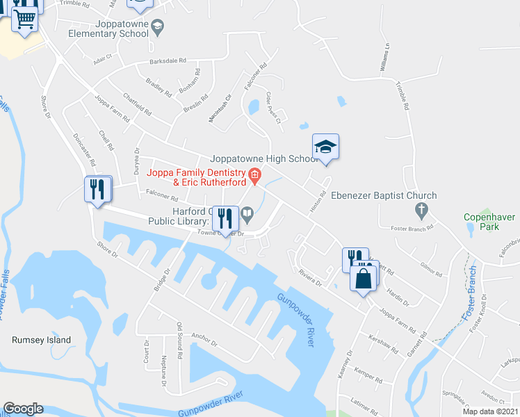 map of restaurants, bars, coffee shops, grocery stores, and more near 622 Joppa Farm Road in Harford County