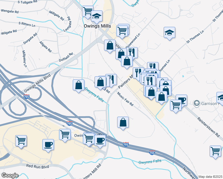 map of restaurants, bars, coffee shops, grocery stores, and more near 100 Painters Mill Road in Owings Mills