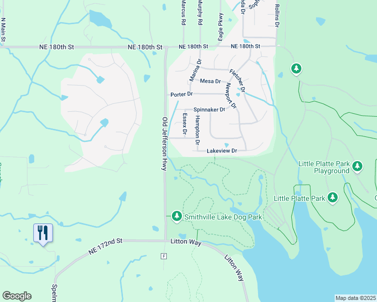 map of restaurants, bars, coffee shops, grocery stores, and more near 200 Lakeview Drive in Smithville