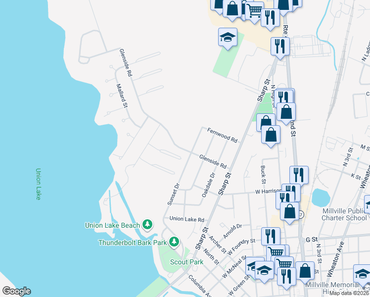 map of restaurants, bars, coffee shops, grocery stores, and more near 600 Glenside Road in Millville