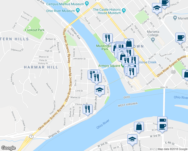 map of restaurants, bars, coffee shops, grocery stores, and more near 828 Front Street in Marietta