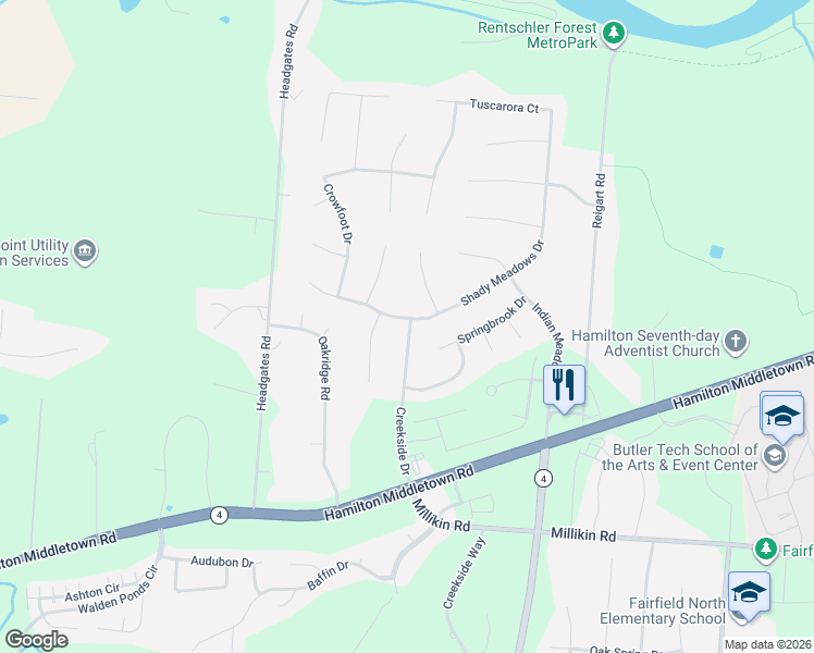 map of restaurants, bars, coffee shops, grocery stores, and more near 2898 Creekside Drive in Hamilton