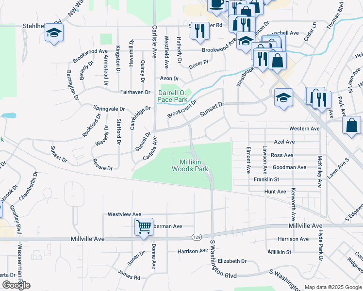 map of restaurants, bars, coffee shops, grocery stores, and more near 197 North Washington Boulevard in Hamilton
