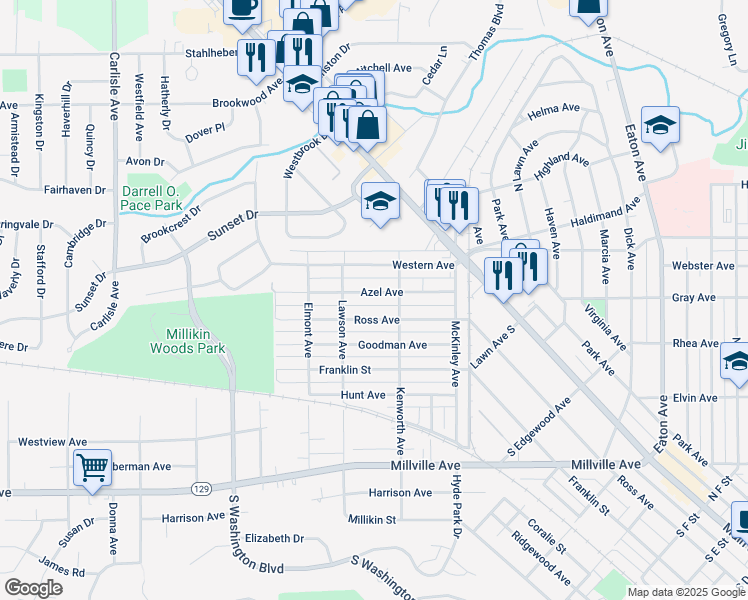 map of restaurants, bars, coffee shops, grocery stores, and more near 1163 Azel Avenue in Hamilton