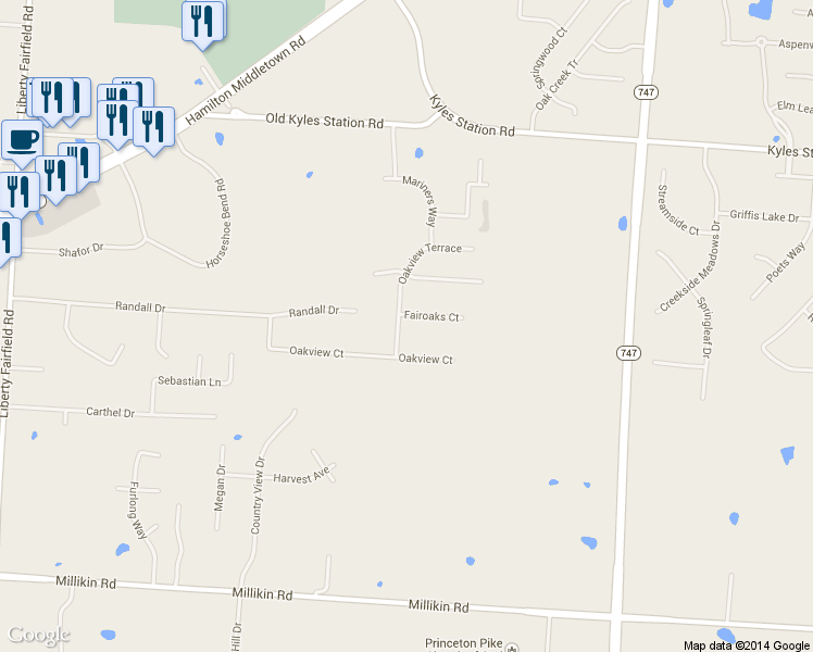 map of restaurants, bars, coffee shops, grocery stores, and more near 5644 Oakview Terrace in Butler County