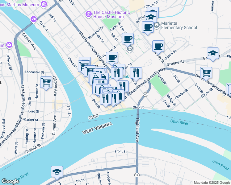 map of restaurants, bars, coffee shops, grocery stores, and more near 136-190 2nd Street in Marietta