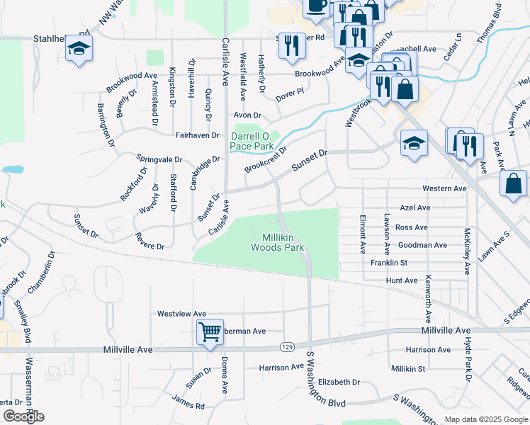 map of restaurants, bars, coffee shops, grocery stores, and more near 197 North Washington Boulevard in Hamilton