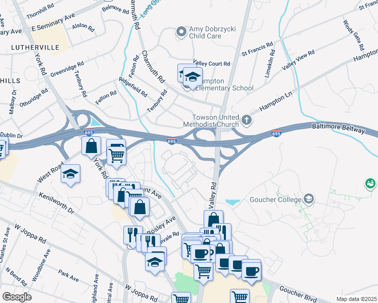 map of restaurants, bars, coffee shops, grocery stores, and more near 14 Bardeen Court in Towson