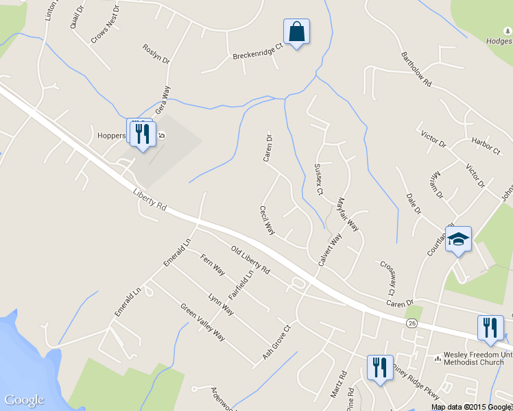 map of restaurants, bars, coffee shops, grocery stores, and more near 5962 Cecil Way in Eldersburg