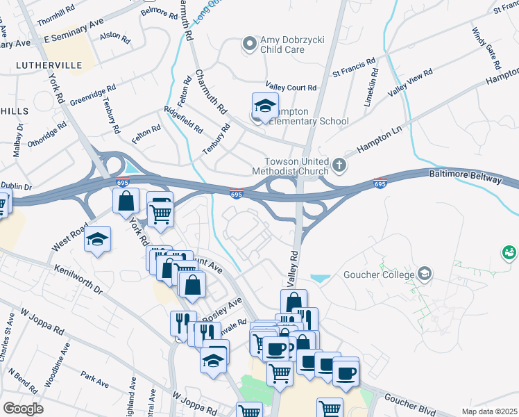 map of restaurants, bars, coffee shops, grocery stores, and more near 14 Bardeen Court in Towson