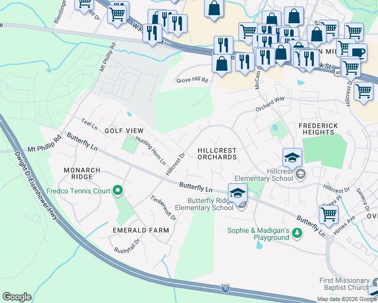 map of restaurants, bars, coffee shops, grocery stores, and more near 498 Hillcrest Drive in Frederick
