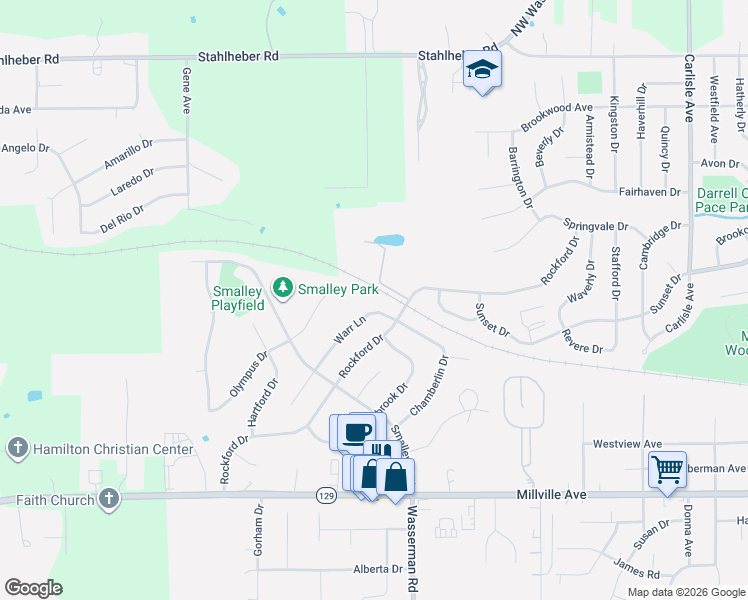 map of restaurants, bars, coffee shops, grocery stores, and more near 334 Warr Ln in Hamilton
