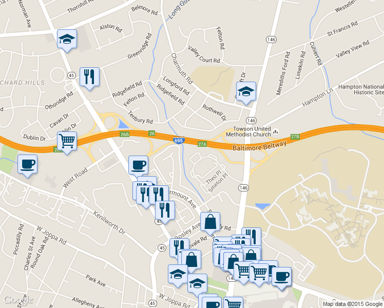 map of restaurants, bars, coffee shops, grocery stores, and more near 24 Alanbrooke Court in Towson