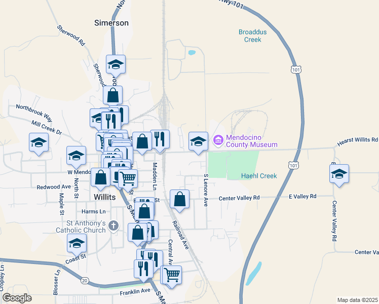 map of restaurants, bars, coffee shops, grocery stores, and more near 370 East Commercial Street in Willits