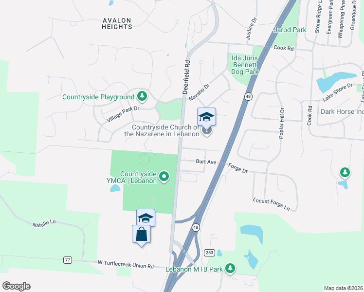 map of restaurants, bars, coffee shops, grocery stores, and more near 1341 Deerfield Road in Lebanon