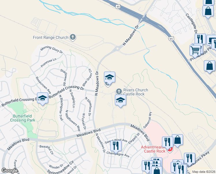 map of restaurants, bars, coffee shops, grocery stores, and more near 5254 North Meadows Drive in Castle Rock