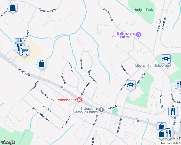 map of restaurants, bars, coffee shops, grocery stores, and more near 844 Mayfair Way in Sykesville