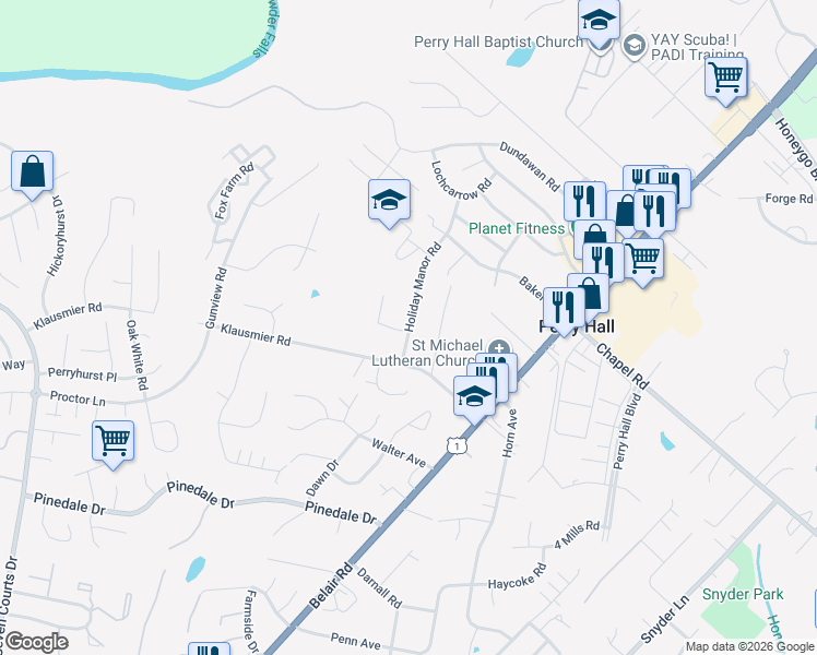 map of restaurants, bars, coffee shops, grocery stores, and more near 9510 Holiday Manor Road in Nottingham