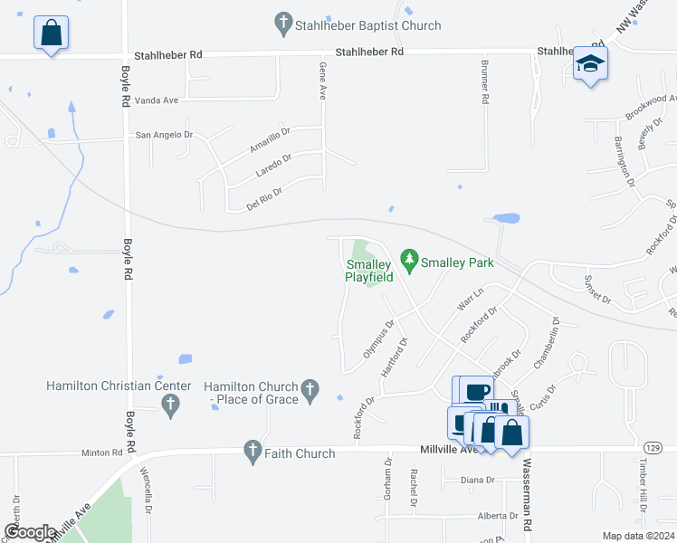 map of restaurants, bars, coffee shops, grocery stores, and more near 75 Thornhill Drive in Hamilton