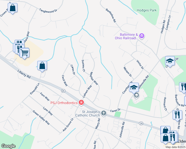 map of restaurants, bars, coffee shops, grocery stores, and more near 844 Mayfair Way in Sykesville
