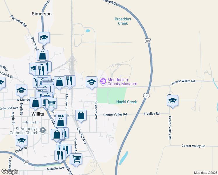 map of restaurants, bars, coffee shops, grocery stores, and more near East Commercial Street in Willits