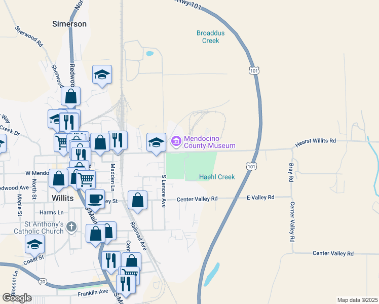 map of restaurants, bars, coffee shops, grocery stores, and more near East Commercial Street in Willits