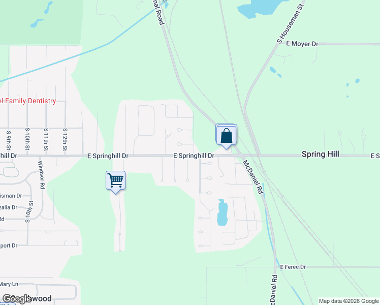 map of restaurants, bars, coffee shops, grocery stores, and more near 1840 East Springhill Drive in Terre Haute