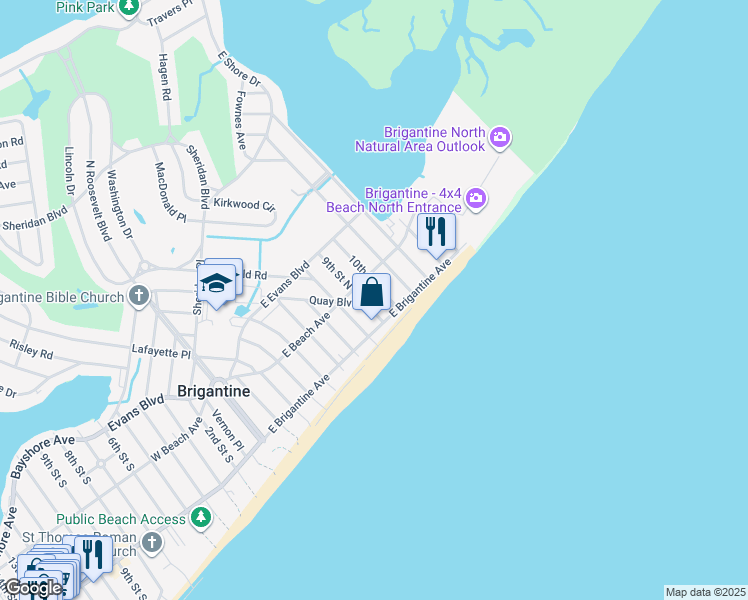 map of restaurants, bars, coffee shops, grocery stores, and more near 225 Quay Boulevard in Brigantine