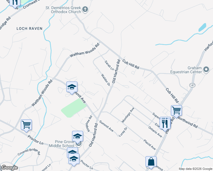 map of restaurants, bars, coffee shops, grocery stores, and more near 2737 Waldor Drive in Parkville