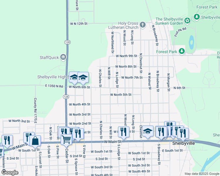map of restaurants, bars, coffee shops, grocery stores, and more near 600 West North 6th Street in Shelbyville