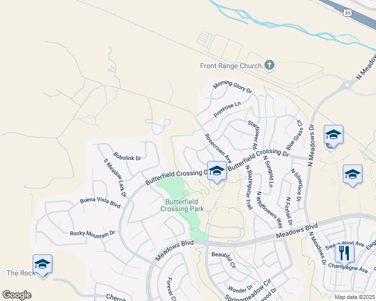map of restaurants, bars, coffee shops, grocery stores, and more near 5092 Buttercup Drive in Castle Rock