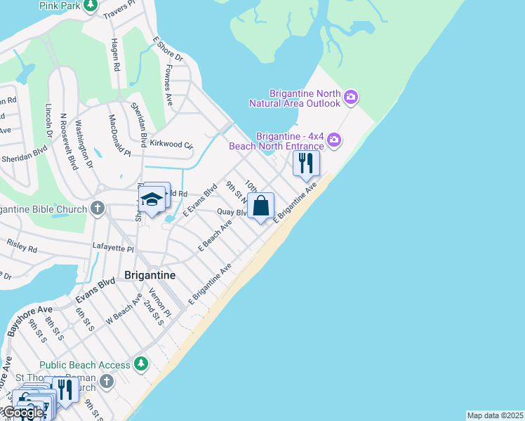 map of restaurants, bars, coffee shops, grocery stores, and more near 225 Quay Boulevard in Brigantine