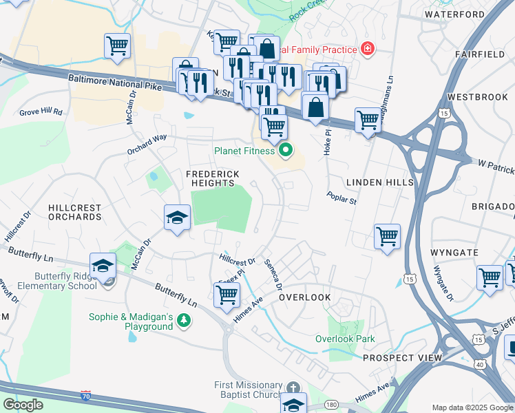 map of restaurants, bars, coffee shops, grocery stores, and more near 41 South Pendleton Court in Frederick