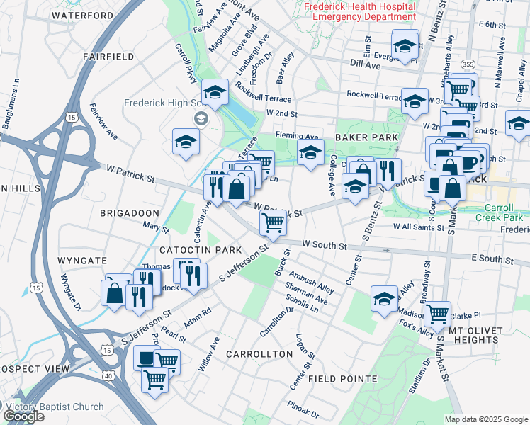 map of restaurants, bars, coffee shops, grocery stores, and more near 430 West Patrick Street in Frederick