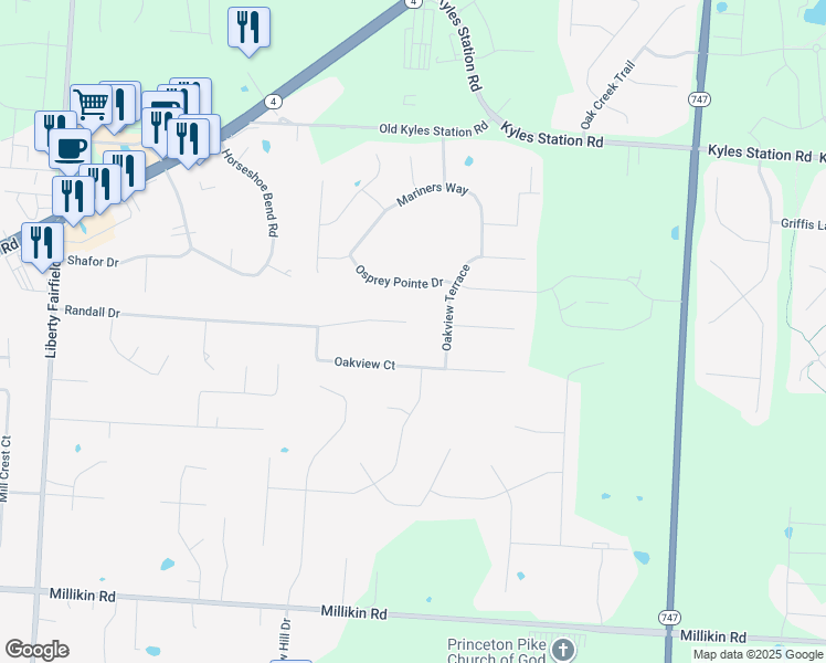 map of restaurants, bars, coffee shops, grocery stores, and more near 4601 Randall Drive in Butler County
