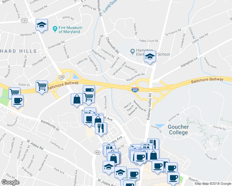 map of restaurants, bars, coffee shops, grocery stores, and more near 24 Alanbrooke Court in Towson