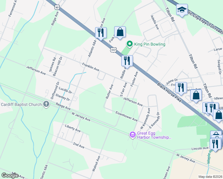 map of restaurants, bars, coffee shops, grocery stores, and more near 304 Jefferson Avenue in Egg Harbor Township