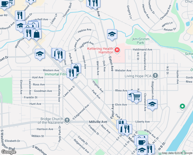 map of restaurants, bars, coffee shops, grocery stores, and more near 405 Marcia Avenue in Hamilton