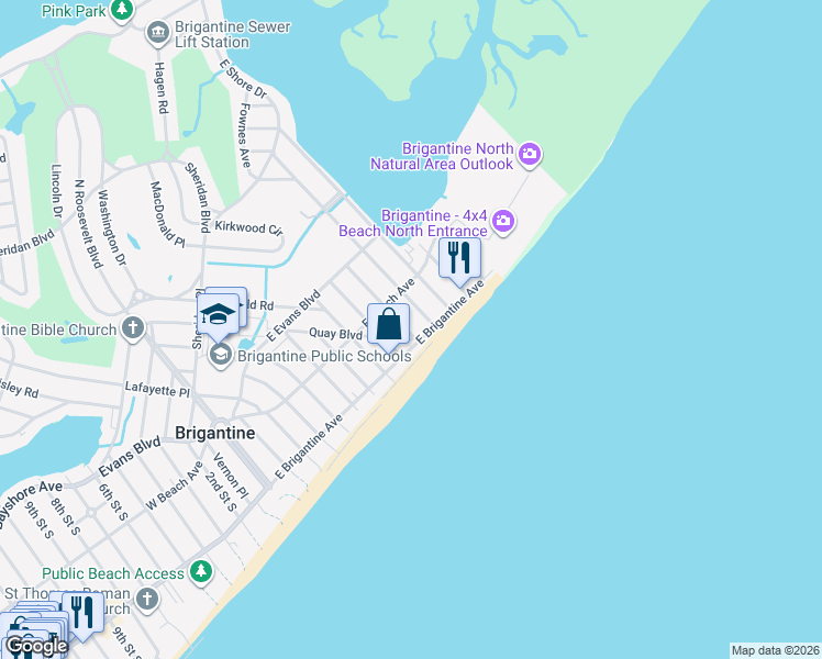 map of restaurants, bars, coffee shops, grocery stores, and more near 225 Quay Boulevard in Brigantine