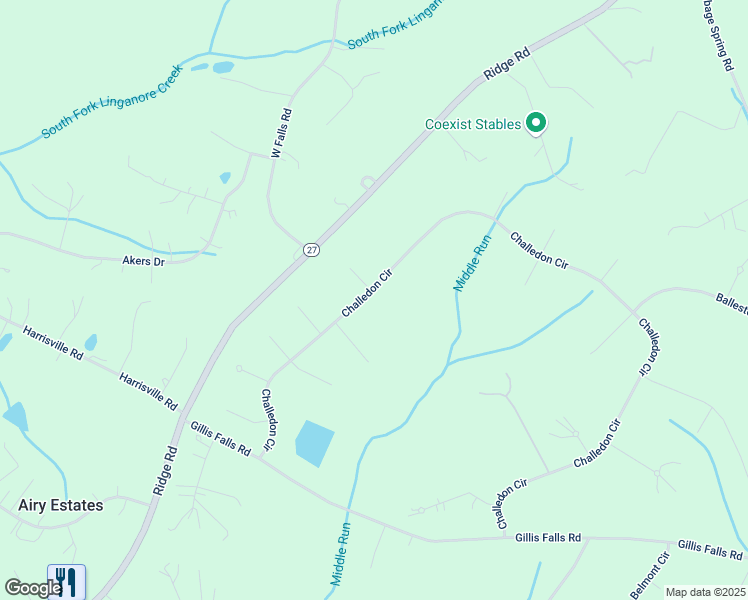 map of restaurants, bars, coffee shops, grocery stores, and more near 6560 Challedon Circle in Mount Airy