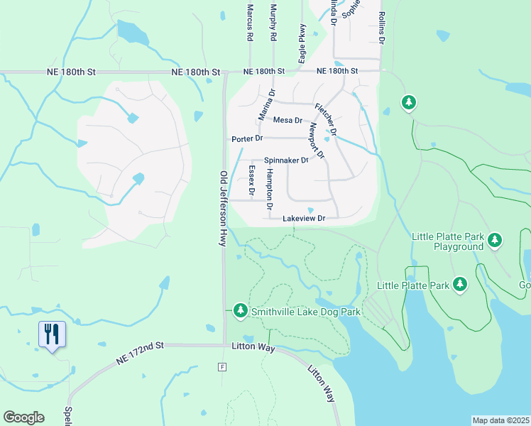 map of restaurants, bars, coffee shops, grocery stores, and more near 200 Lakeview Drive in Smithville