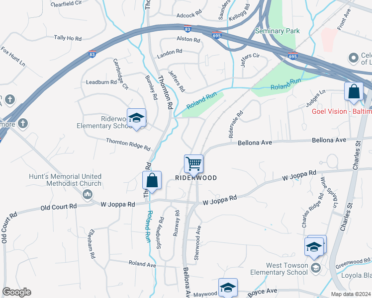 map of restaurants, bars, coffee shops, grocery stores, and more near 1603 Dennis Avenue in Towson