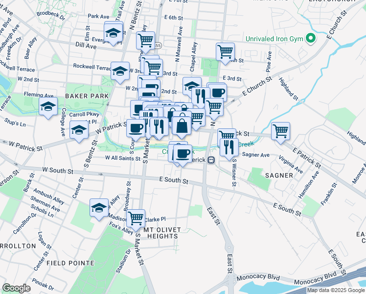 map of restaurants, bars, coffee shops, grocery stores, and more near Carroll Creek Linear Park in Frederick