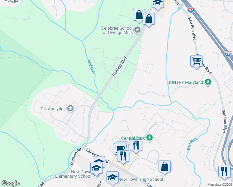 map of restaurants, bars, coffee shops, grocery stores, and more near 9587 Ashlyn Circle in Owings Mills