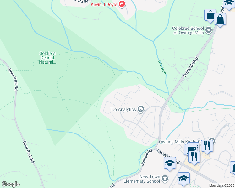 map of restaurants, bars, coffee shops, grocery stores, and more near 9870 Bayline Circle in Owings Mills
